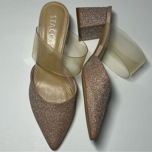 Staccato 37/7 Pink Metallic Clear Strap Heeled Mules Pointed Closed Toe Glitter